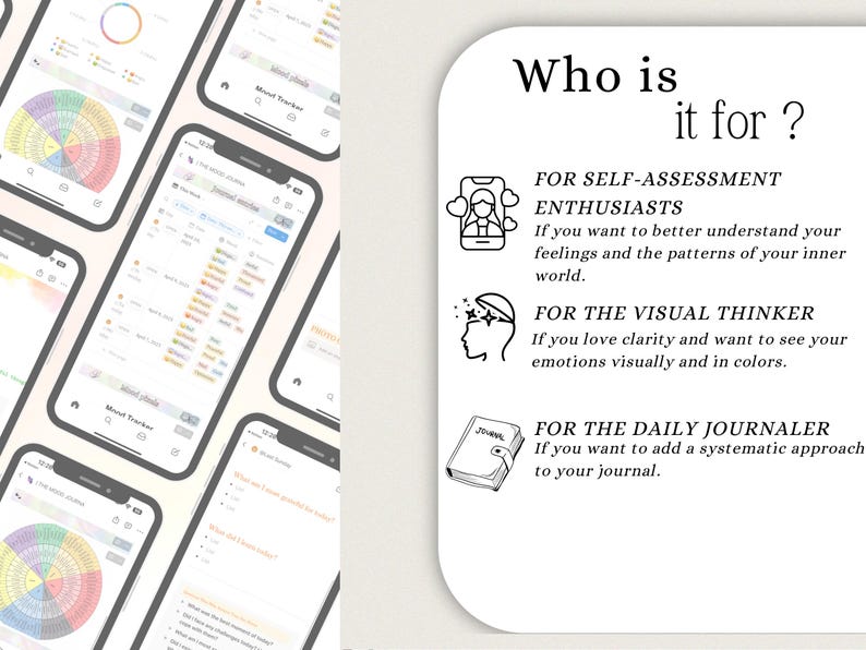 May include: A white card with black text explaining who the mood tracker app is for. The text says "Who is it for?" and lists three categories: "For Self-Assessment Enthusiasts", "For the Visual Thinker", and "For the Daily Journaler". Each category has a small icon and a brief description.