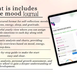 May include: A digital mood journal app with a colorful butterfly design. The app features a yearly view, mood tracker, and charts to track emotions, energy, sleep, and gratitude. The text on the screen reads "THE MOOD JOURNA" and "Beautiful day begin with beatiful thought."