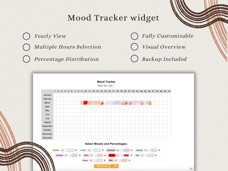 May include: A mood tracker widget with a calendar view for tracking moods throughout the year. The calendar is color-coded to represent different moods, such as happy, sad, and anxious. The widget also includes a section for selecting moods and percentages.