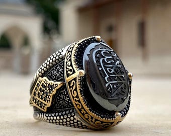 La Galiballah Engraved 925 Sterling Silver Men&#39;s Ring – Islamic Calligraphy Ottoman Style Statement Jewelry, Islamic Gift, Men Ring