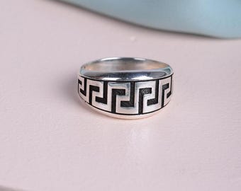 Greek Key Sterling Silver Men&#39;s Ring - Turkish Handmade Jewelry