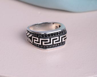 Greek Key Ring for Men – Handcrafted 925 Sterling Silver with Micro Black Zircon – Meander Pattern Handmade Jewelry, Men Rings, Gift Ring