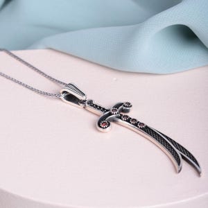 Handmade Sterling Silver Ali Zulfiqar Sword Necklace: Red Zircon Islamic Pendant