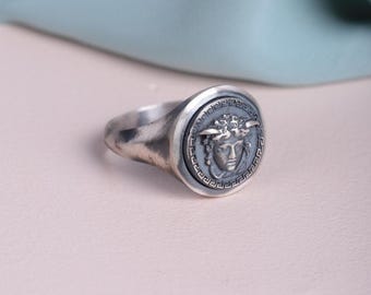 Medusa Signet Ring: Handmade 925 Sterling Silver Byzantine Jewelry