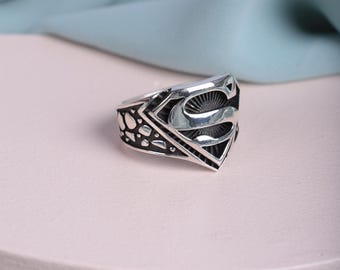 Oxidized Sterling Silver Super Hero Shield Ring - Handmade Turkish Jewelry