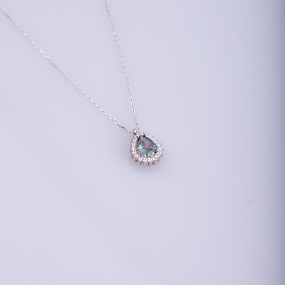 Sterling Silver Teardrop Necklace with Mystic Topaz or Pink Sapphire – Elegant Halo Pendant, Dainty Jewelry Gift for Her, Mothers Day