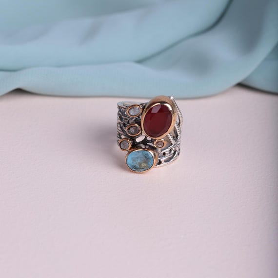 Handmade Sterling Silver Statement Ring – Unique Boho Vintage Design with Natural Garnet & Moonstone, Hurrem Sultan Ring, Mothers Day