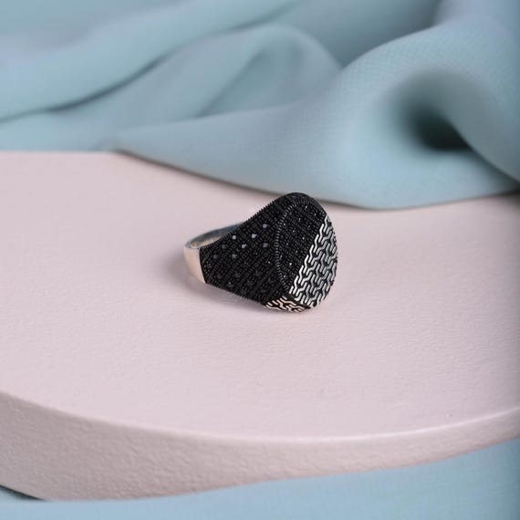 Chain Detail Men's Ring – 925 Sterling Silver with Micro Black Zircon – Handmade Bold Statement Ring for Him, Men Ring, Gift Dad, Hand Made