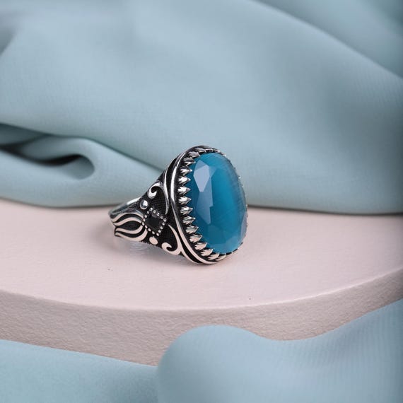 Ottoman-Inspired Royal Ring – Choose Your Gemstone: Blue Cat’s Eye, Mystic Topaz, or Black Zircon,Gift For Men,Ottoman Style,Design,Natural