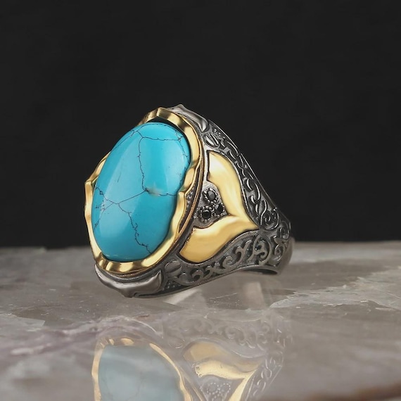 Men’s Turquoise Ring – 925 Sterling Silver with Rhodium Plating – Natural Stone Ottoman Style Ring – Handmade Turkish Gift for Him