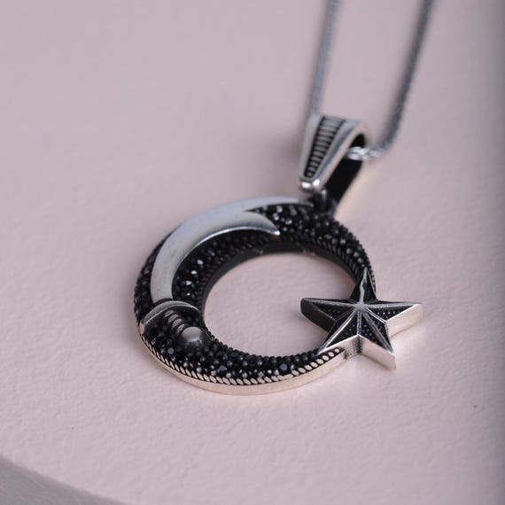 Zulfiqar Vintage Necklace | 925 Sterling Silver Moon & Star Pendant | Handmade Celestial Necklace | Unisex Strength Symbol Jewelry |Men Gift