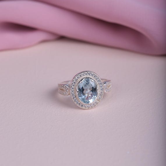 Dazzling Oval Light Blue Zircon Ring with White Zircon Halo - Exquisite and Timeless Statement Piece, Gift, Timeless, Women Ring,Mothers Day