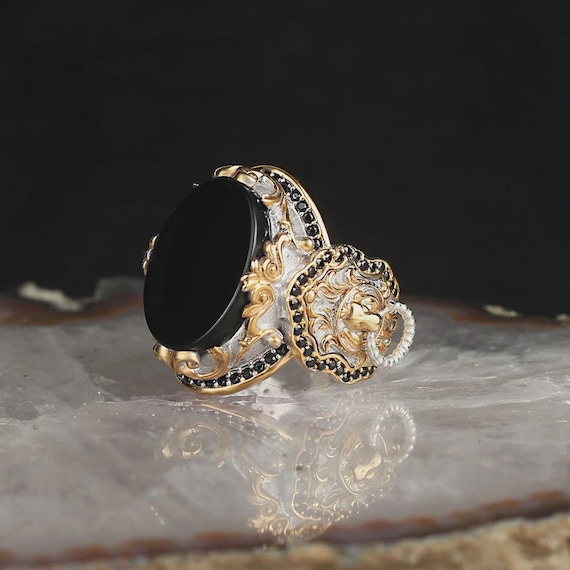 Gold Plated Sterling Silver Men’s Ring with Black Onyx Stone and Lion Symbol – Bold Handmade Statement Jewelry, Men Ring, RingGift Dad