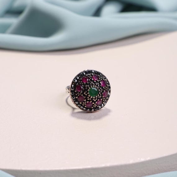 One-of-a-Kind Ottoman Ruby & Emerald Ring | Mihrimah Sultan Inspired 925 Sterling Silver Ring | Handmade Floral Statement Ring,Mothers Day