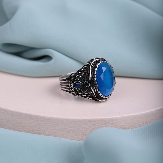 Ottoman Style Sultan Ring: Emerald or Sapphire Gemstone, Handmade Men's Ring
