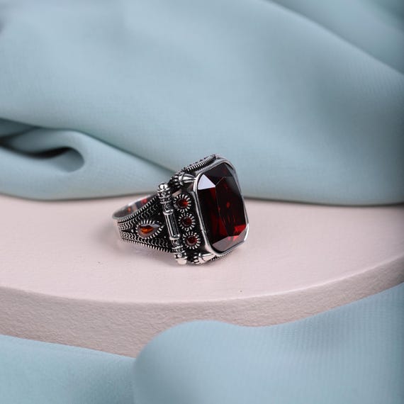 Men's Royal Rectangular Zircon Ring with Micro Zircon Detailing– Ottoman Inspired Design, Multistone, Valentine's Day,Gift for men's