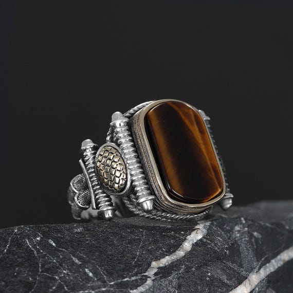 Tiger Eye Sterling Silver Men's Ring, Handmade Bohemian Warrior Jewelry, Bold Statement Gift for Men, Natural Gemstone, Gothic Silver Ring