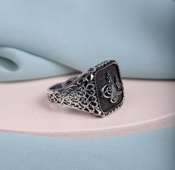 Ottoman Tughra Symbol Men’s Ring – Elegant 925 Sterling Silver with Oxidized Details, Men's Ring,Stoneless Men Ring,Ottoman Style,Valentines