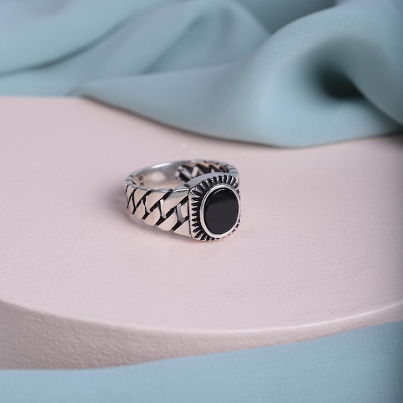 Handmade Black Onyx Sterling Silver Ring - Turkish Chain Band
