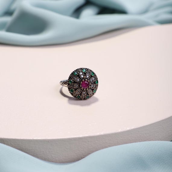 One-of-a-Kind Ottoman Emerald and Ruby Flower Ring – Sterling Silver Handmade Women’s Ring – Boho Antique Style Statement Jewelry