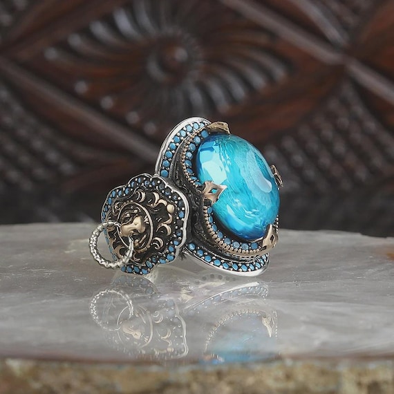 Lion Symbol Men's Ring – 925 Sterling Silver with Crystal-Cut Zircon – Bold Handmade Statement Ring for Him,Ottoman Ring, Men Ring