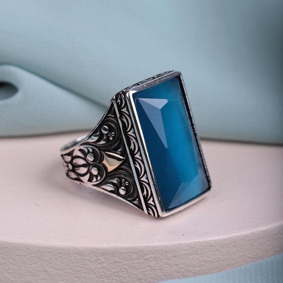 Men's Luxurious Rectangular Stone Ring with Gold Detailing,Big Stone,Valentine's Day, Bold Statement Ring,Ottoman Style Perfect Gift for Him
