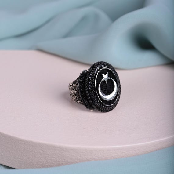 Crescent and Star Men Ring | 925 Sterling Silver Turkish Flag Ring | Black Zircon Symbolic Jewelry Handmade Gift for Him,Patriotic Men Ring