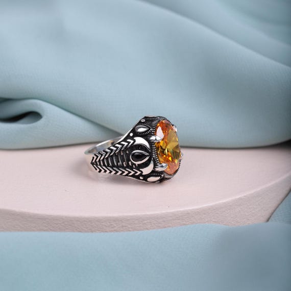 Citrine Men’s Ring • Unique Snake-Inspired Silver Design • Handcrafted Exotic Statement Jewelry • Valentine’s Day Gift for Him, Animal Ring