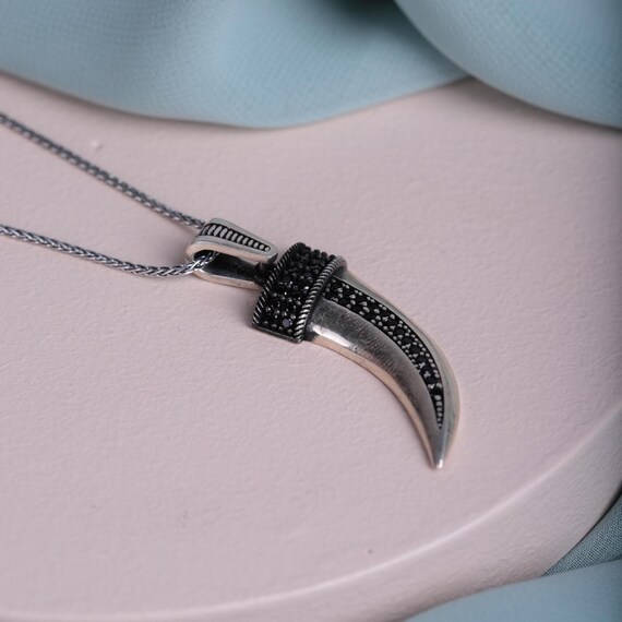 Unique Unisex Silver Ivory Pendant with Black Zircon - Elephant Lover's Necklace, 925k Sterling Silver Pendant , Love Animal Necklace