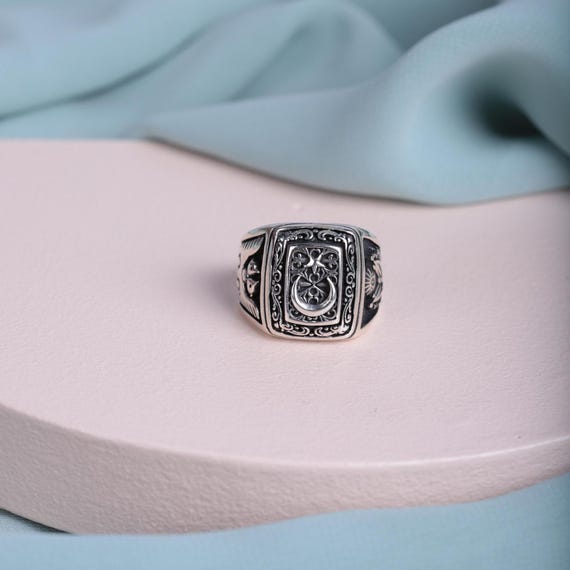 Turkish Artistry: Men's Sterling Silver Ring with Star & Crescent Moon - Symbol of Islam, Mens Ring, Religious Symbolism Inspired,Men Ring