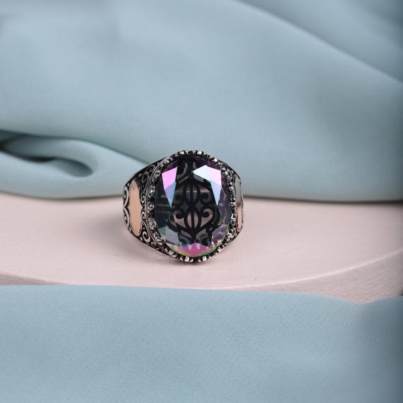 Men's Elegant Oval Mystic Topaz Ring with Gold Plate Detailing,Valetine's Day, Men's Ring, Special Design