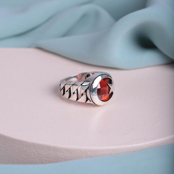 Turkish Flag Ring with Red Zircon Crescent Star | 925 Sterling Silver Men's & Women's Symbolic Jewelry, Patriotic Gift, Ottoman Style  Ring
