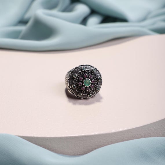 One-of-a-Kind Antique Floral Ring for Women,925 Sterling Silver Ring with Emerald and Ruby,Handmade Vintage Style Jewelry,Mothers Day