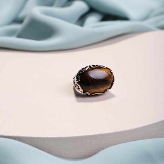 One-of-a-Kind Ottoman Style Tiger's Eye Ring – Handmade 925 Silver Ring with Ornamental Detailing,Women Rings,Gift, Ottoman Ring,Mothers Day