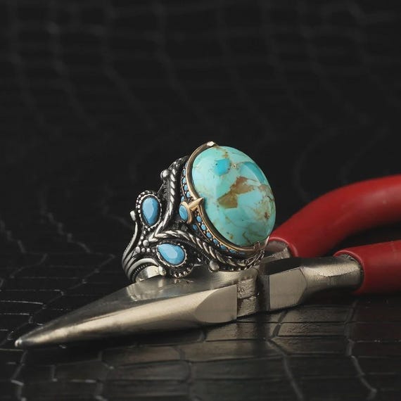 Men’s 925 Sterling Silver Turquoise Ring – Ottoman Style Handmade Statement Ring – Blue Stone Ring – Gift for Him