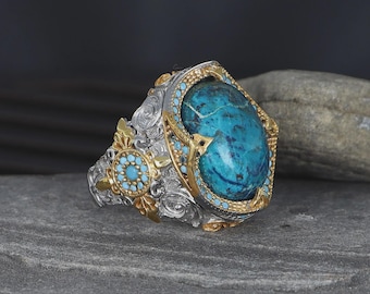 Men&#39;s Turquoise Ring – 925 Sterling Silver with Rhodium Plating – Ottoman Style Handmade Statement Ring – Turkish Jewelry Gift for Him