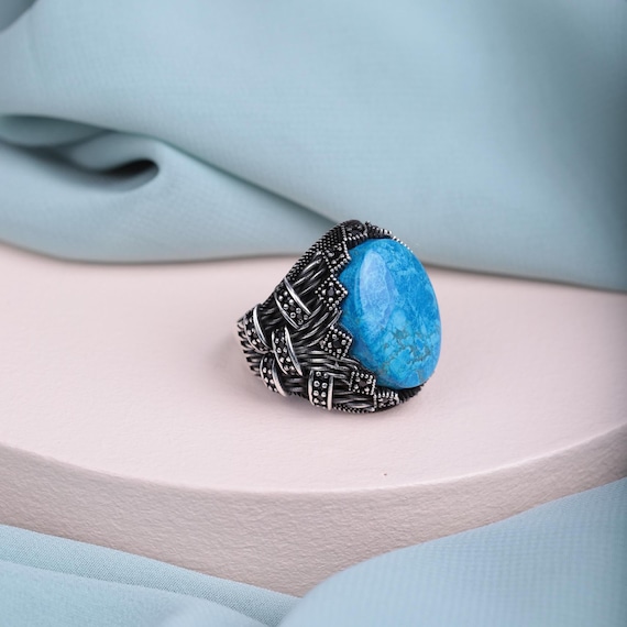 Handmade Turquoise Ring for Men • Rope Design with Black Zircon • Open Back Energy Ring • Boho Statement Jewelry • Feroza Ring Men,Men Ring