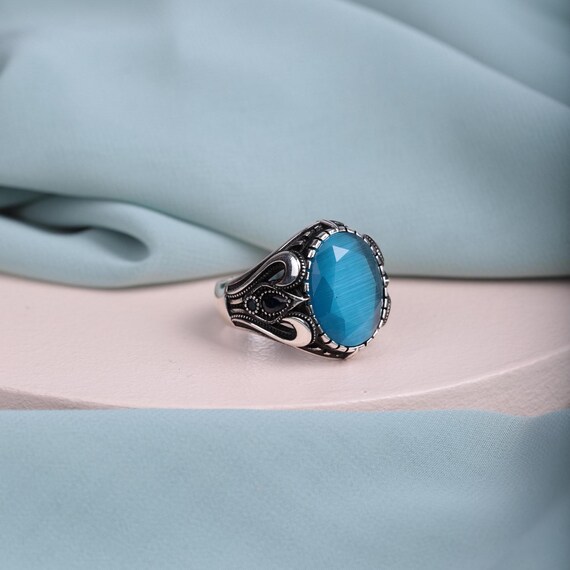 Handcrafted Ottoman Men’s Ring in 925 Silver • Choose Cat’s Eye or Zircon Stone • Custom Gift for Him • Valentine’s Day Jewelry, Men Rings