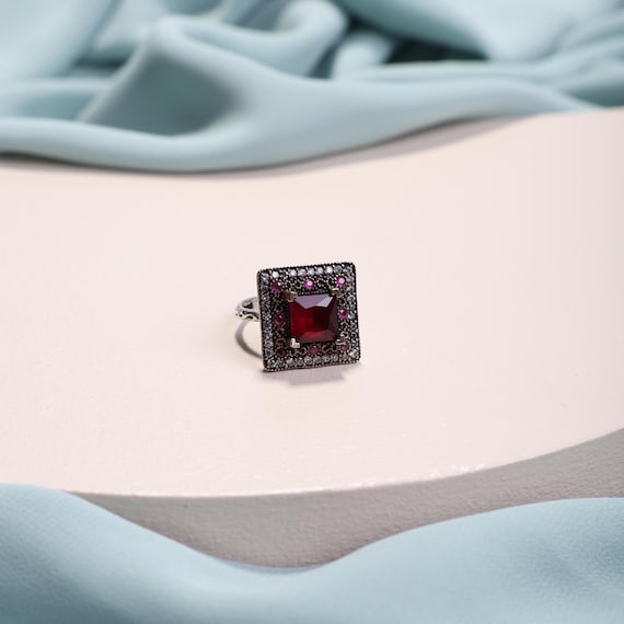 One of a Kind Ottoman Ruby Ring,925 Sterling Silver Square Statement Ring,Hürrem Sultan Inspired,Unique Handmade Jewelry, Mothers Day Gift