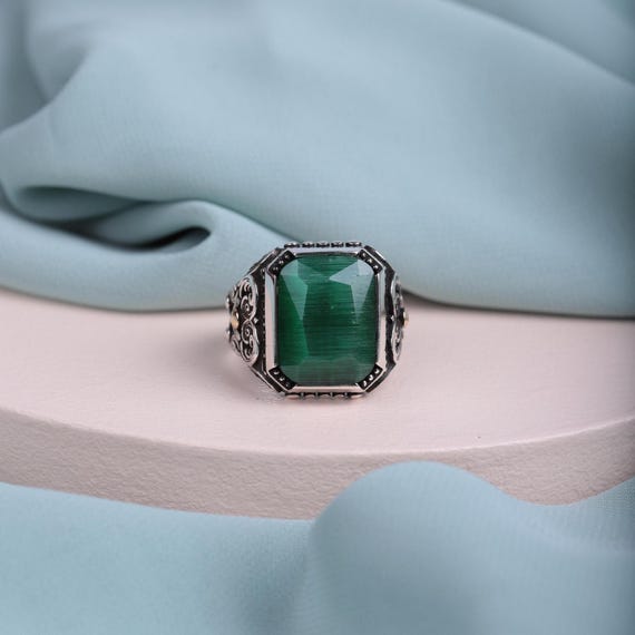 Exquisite Green Emerald Men’s Ring • Regal Ottoman Style Jewelry • Sultan's Ring in 925 Sterling Silver • Valentine’s Day Gift for Him,Men