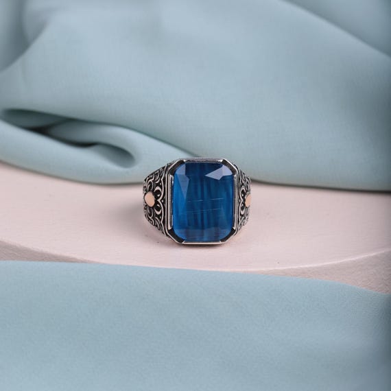 Ottoman Style Men's Ring with Rectangular Stone – Unique Silver & Gold Design – Handmade Statement Ring – Valentine’s Day Gift for Him