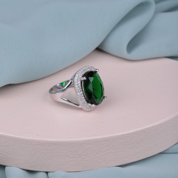 Emerald Statement Ring with White Zircon Halo – Ottoman Style Royal Elegance – Silver Plated Women's Ring – Gift of Timeless Beauty, Gift