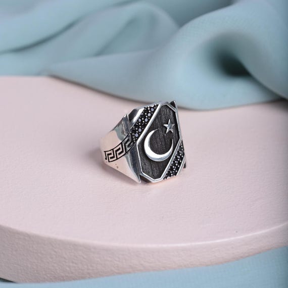 Crescent Star Men's Ring – 925 Sterling Silver with Black Zircon – Handmade Turkish Flag Jewelry – Gift for Him, Men Ring, Ottoman Rings