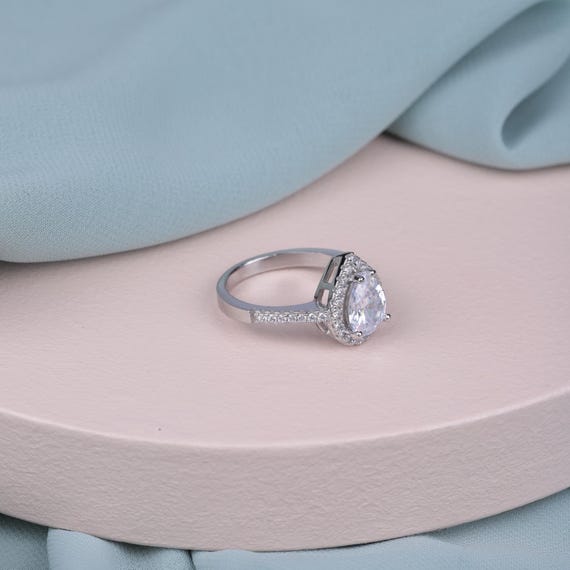 Stylish Women's Ring With Drop Design And Micron Zircon Stones Surrounding it, Sterling Silver, Gift For Love,Women Gift, Wedding ring