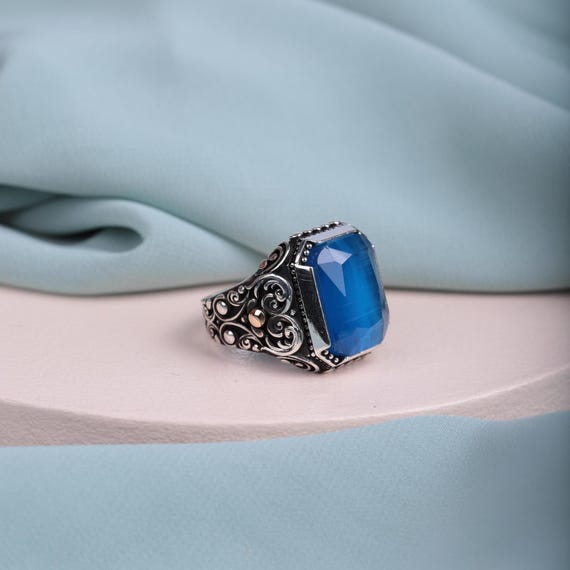 Blue Sapphire Men’s Ring • Handcrafted Ottoman Style Jewelry • Elegant Sterling Silver Ring for Him • Timeless Gift • Valentine’s Day Idea