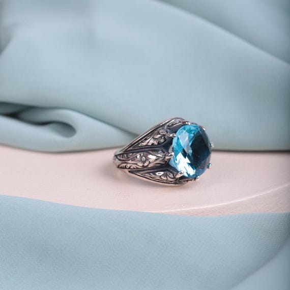 Regal Blue Topaz Men's Ring - Exquisite Ottoman-Inspired Statement Jewelry,Ottoman-Inspired Sultan Jewelry,Artisan Silver Statement Ring,