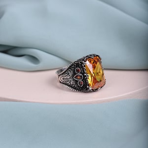 Citrine Men&#39;s Ring: Sterling Silver, Orange Zircon Accents