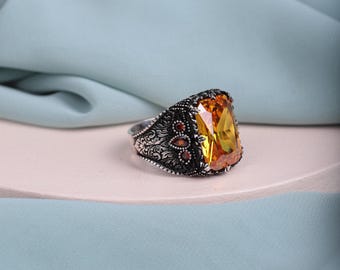 Citrine & Zircon Men&#39;s Ring in Sterling Silver • 925 Silver Ring for Him • Perfect Valentine&#39;s Day Gift • Unique Jewelry for Men, Men Ring