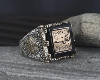 Hasbiyallahu Inscription Amber Stone Men&#39;s Ring – 925 Sterling Silver Ottoman Style Ring – Handcrafted Islamic Jewelry for Him, Islamic Ring