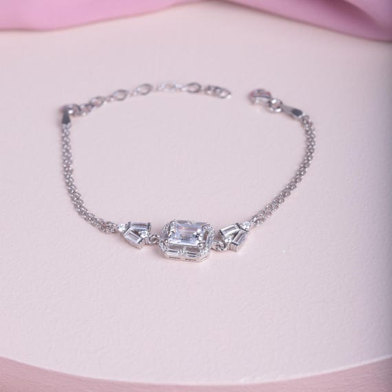 Elegant Sterling Silver Baguette,Emerald Cut Cubic Zirconia Bracelet,Dainty Adjustable Women’s Jewelry, Luxury Minimalist Bridal Bracelet